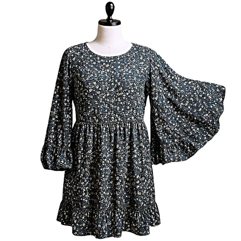 Black Vibrant Floral Voluminous Bell Sleeve Babydoll  Boho Dress Size XL